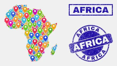 Map Pointers Collage of Africa Map and Scratched Stamp Seals Stock Illustration
