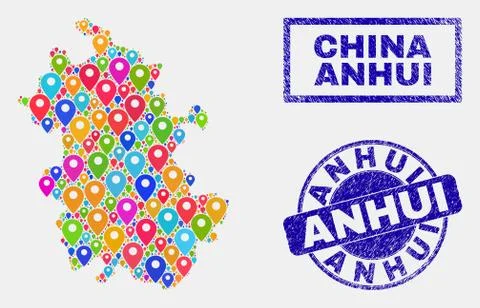 Map Pointers Collage of Anhui Province Map and Scratched Seals 库存插图