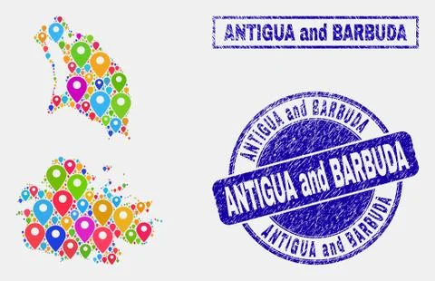 Map Pointers Collage of Antigua and Barbuda Map and Textured Seals Stock Illustration