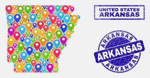Map Pointers Collage of Arkansas State Map and Distress Stamp Seals イラスト素材