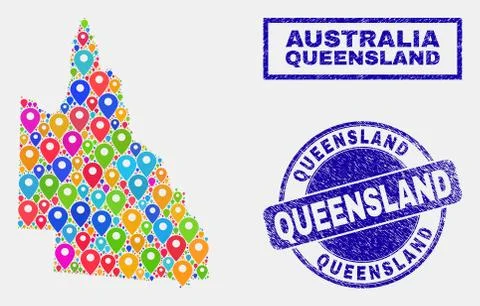 Map Pointers Collage of Australian Queensland Map and Distress Stamp Seals Stock Illustration