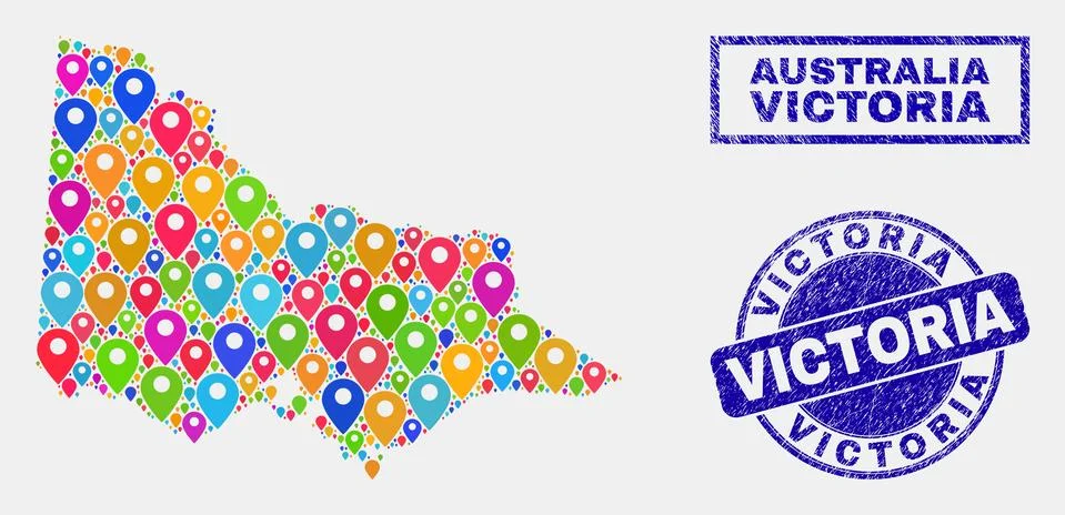 Map Pointers Collage of Australian Victoria Map and Scratched Stamp Seals Illustrazione stock
