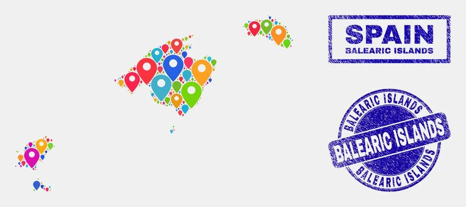 Map Pointers Collage of Balearic Islands Map and Grunge Stamps Stock Illustration