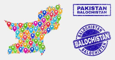 Map Pointers Collage of Balochistan Province Map and Distress Stamp Seals Stock Illustration