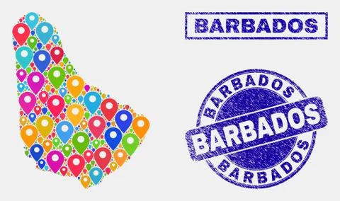 Map Pointers Collage of Barbados Map and Grunge Stamp Seals Stock Illustration