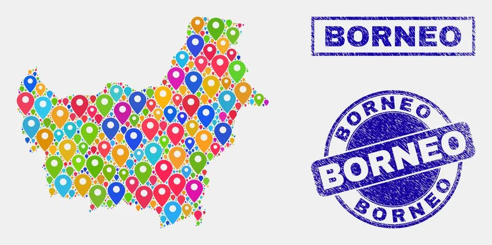 Map Pointers Collage of Borneo Map and Distress Stamps イラスト素材