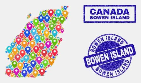Map Pointers Collage of Bowen Island Map and Distress Stamps Illustrazione stock