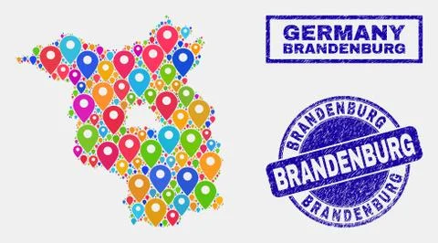 Map Pointers Collage of Brandenburg Land Map and Distress Stamp Seals Stock Illustration