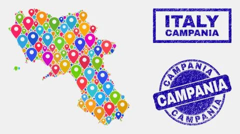 Map Pointers Collage of Campania Region Map and Scratched Stamps イラスト素材