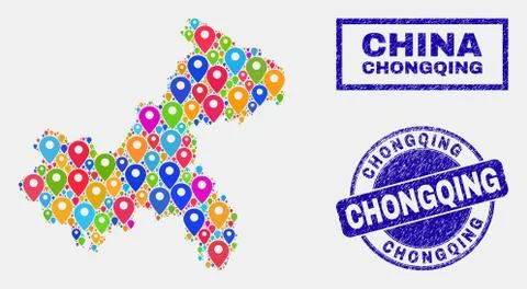 Map Pointers Collage of Chongqing City Map and Distress Seals Stock Illustration