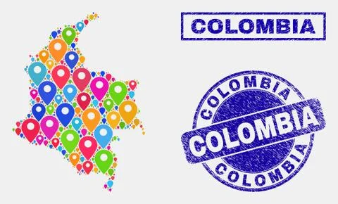 Map Pointers Collage of Colombia Map and Scratched Stamp Seals Stock Illustration