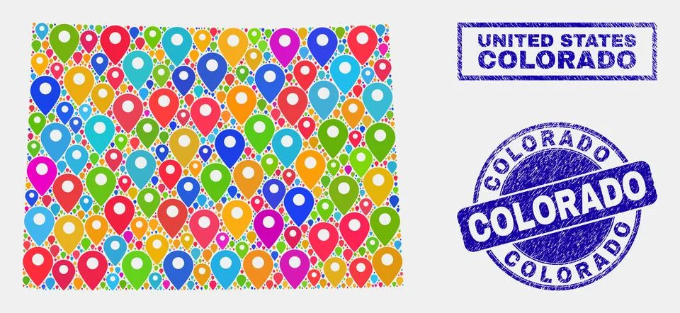 Map Pointers Collage of Colorado State Map and Grunge Seals Illustrazione stock