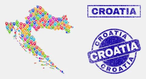 Map Pointers Collage of Croatia Map and Grunge Seals Stock Illustration
