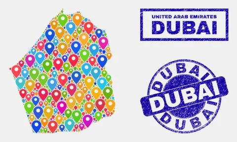 Map Pointers Collage of Dubai Emirate Map and Grunge Stamp Seals Stock Illustration
