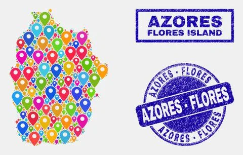 Map Pointers Collage of Flores Island of Azores Map and Distress Seals Stock Illustration