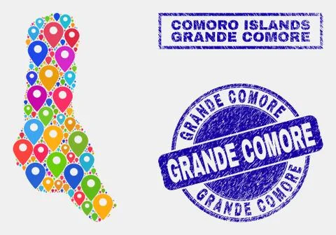 Map Pointers Collage of Grande Comore Island Map and Textured Stamps 스톡 일러스트