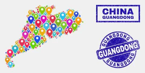 Map Pointers Collage of Guangdong Province Map and Scratched Stamp Seals Stock Illustration