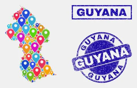 Map Pointers Collage of Guyana Map and Textured Stamps Illustrazione stock