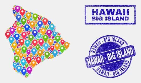 Map Pointers Collage of Hawaii Big Island Map and Distress Stamp Seals イラスト素材