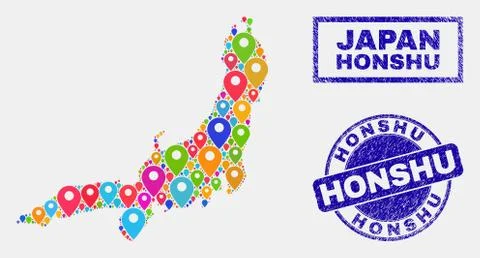 Map Pointers Collage of Honshu Island Map and Distress Stamps Illustrazione stock