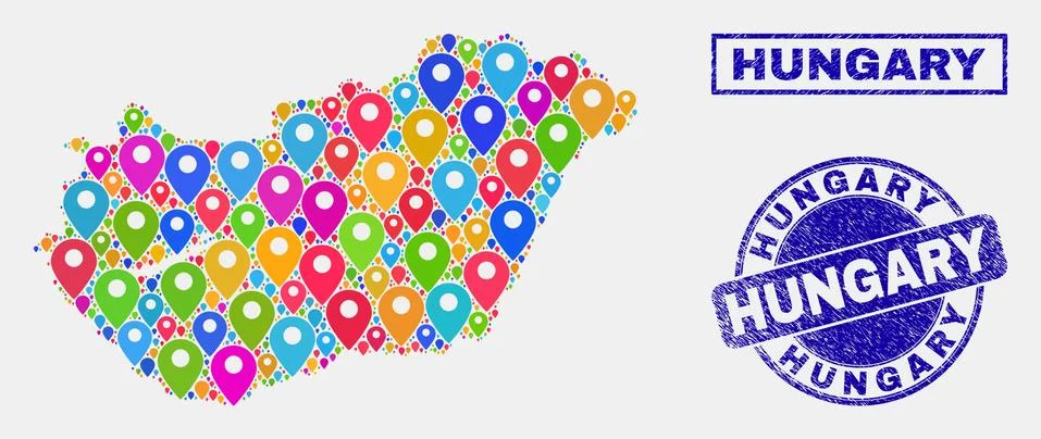 Map Pointers Collage of Hungary Map and Scratched Stamps イラスト素材