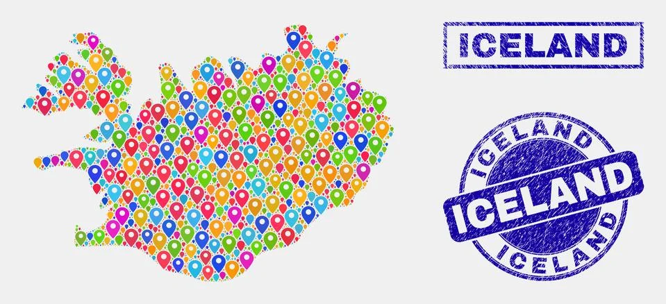 Map Pointers Collage of Iceland Map and Distress Seals Stock Illustration