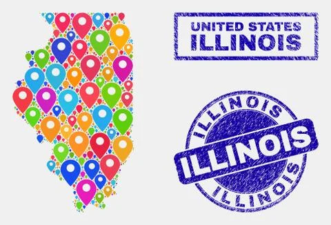 Map Pointers Collage of Illinois State Map and Distress Stamps Stockillustratie