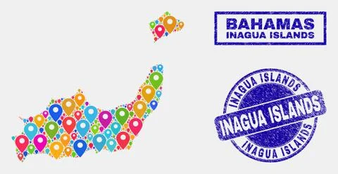 Map Pointers Collage of Inagua Islands Map and Grunge Stamps Stock Illustration
