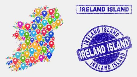 Map Pointers Collage of Ireland Island Map and Distress Stamps 스톡 일러스트