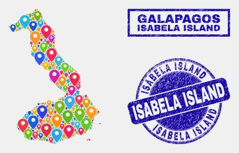 Map Pointers Collage of Isabela Island of Galapagos Map and Distress Stamps Stock Illustration