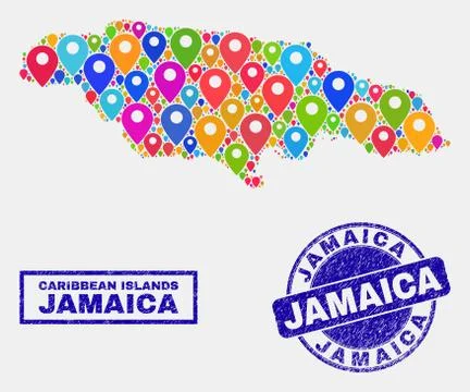Map Pointers Collage of Jamaica Map and Grunge Stamps Stock Illustration