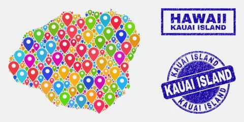 Map Pointers Collage of Kauai Island Map and Scratched Stamp Seals 스톡 일러스트