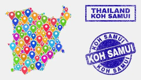 Map Pointers Collage of Koh Samui Map and Grunge Stamp Seals Stock Illustration