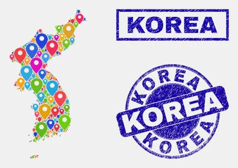 Map Pointers Collage of Korea Map and Textured Seals Illustrazione stock
