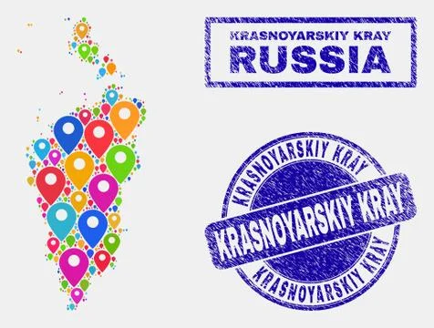 Map Pointers Collage of Krasnoyarskiy Kray Map and Grunge Stamp Seals Stock Illustration