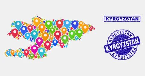Map Pointers Collage of Kyrgyzstan Map and Distress Seals Stock Illustration