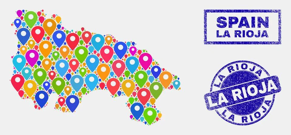 Map Pointers Collage of La Rioja of Spain Map and Textured Seals Stock Illustration