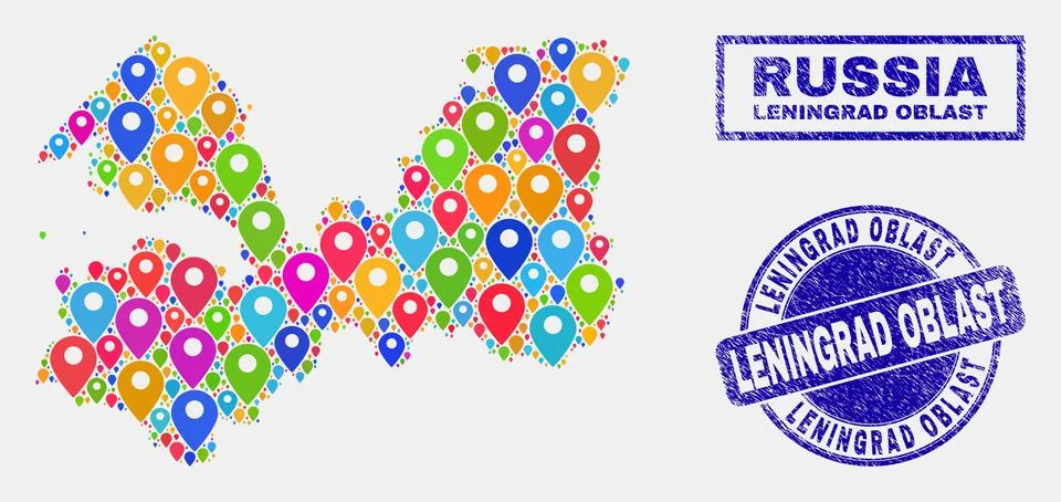 Map Pointers Collage of Leningrad Region Map and Textured Seals Stock Illustration