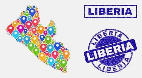 Map Pointers Collage of Liberia Map and Grunge Seals Stock Illustration