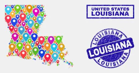 Map Pointers Collage of Louisiana State Map and Grunge Seals Stock Illustration