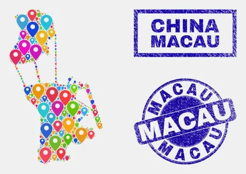 Map Pointers Collage of Macau Map and Textured Stamps Stock Illustration