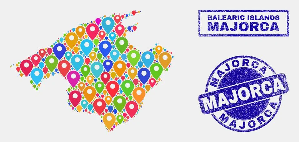 Map Pointers Collage of Majorca Map and Grunge Seals イラスト素材