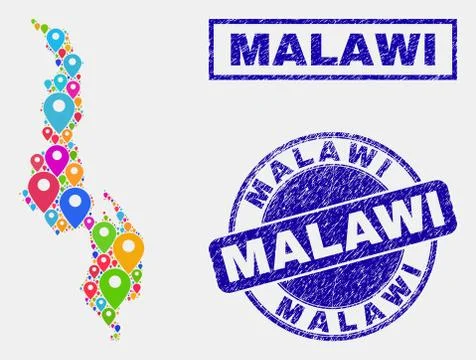 Map Pointers Collage of Malawi Map and Scratched Stamp Seals Stock Illustration
