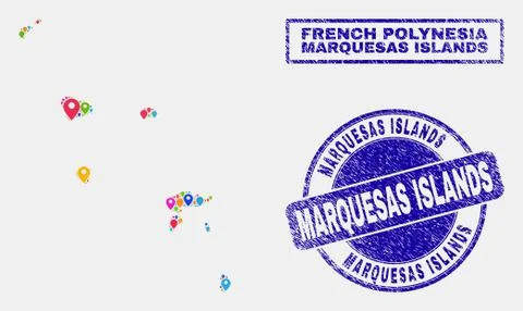 Map Pointers Collage of Marquesas Islands Map and Scratched Stamps Stock Illustration