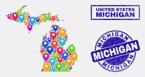 Map Pointers Collage of Michigan State Map and Textured Stamps 스톡 일러스트