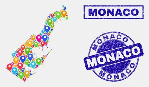 Map Pointers Collage of Monaco Map and Distress Stamps Illustrazione stock