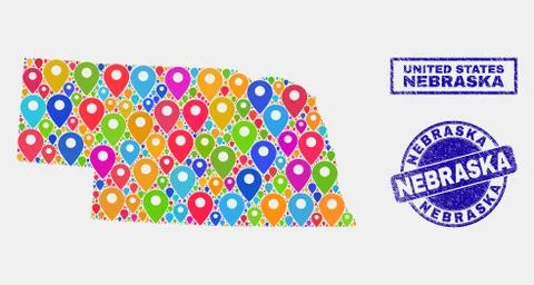 Map Pointers Collage of Nebraska State Map and Textured Stamps 스톡 일러스트