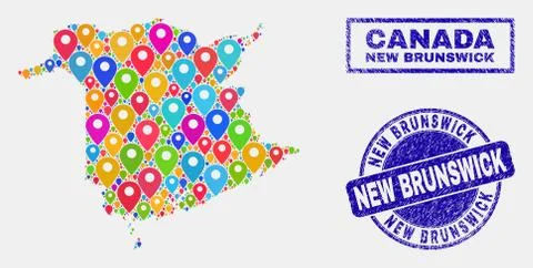 Map Pointers Collage of New Brunswick Province Map and Distress Stamp Seals Stock Illustration