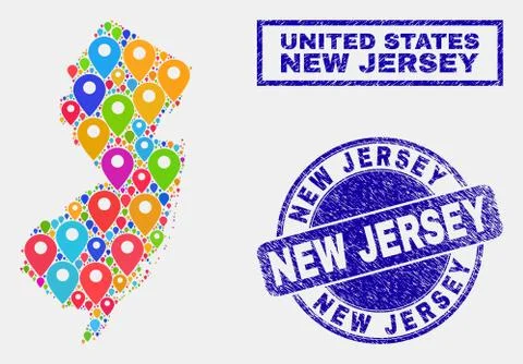 Map Pointers Collage of New Jersey State Map and Textured Seals Stock Illustration