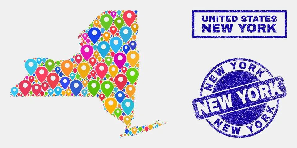 Map Pointers Collage of New York State Map and Scratched Stamp Seals Stock Illustration